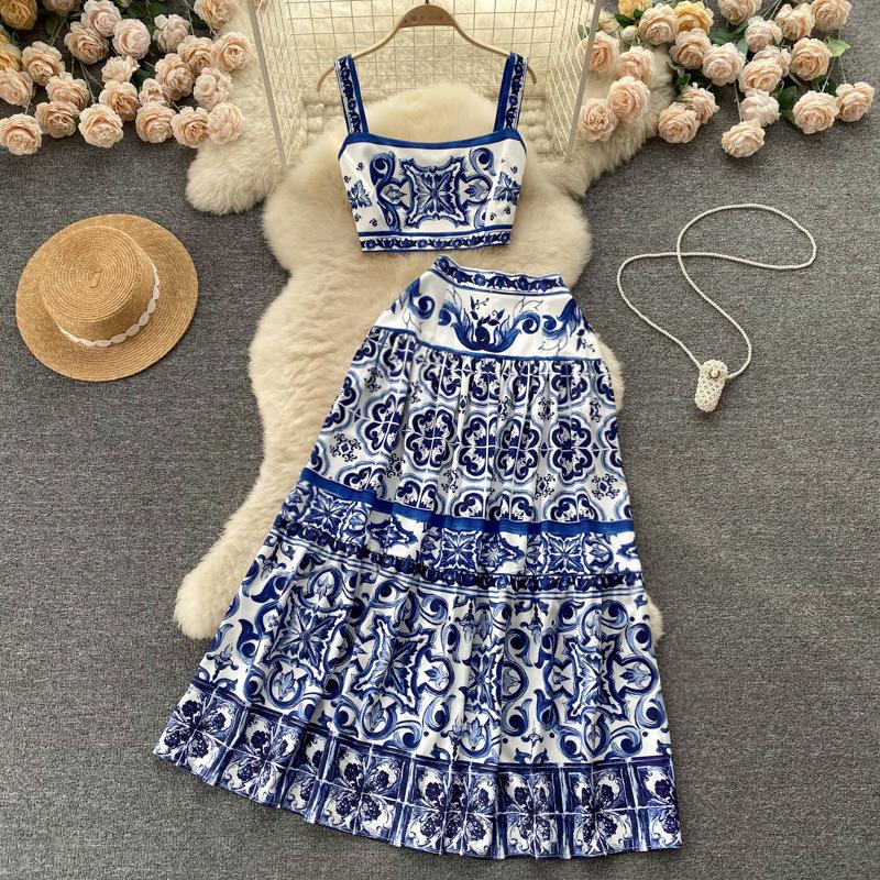 Blue & White Porcelain Print Camisole and High-Waist Midi Skirt Set for Women