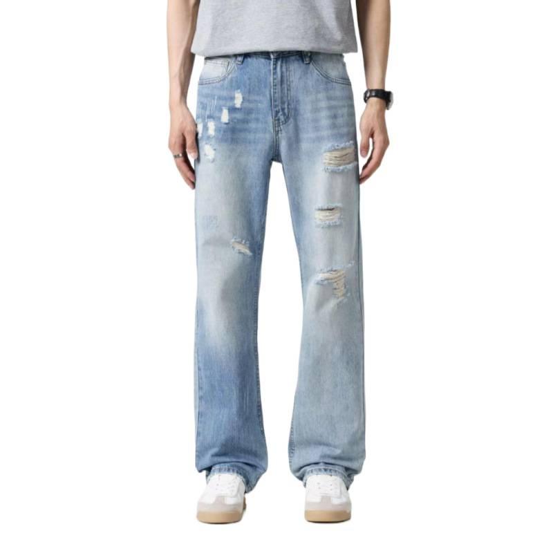 Ruffian handsome men's summer trend personality hole design high street jeans light luxury retro washed small straight pants men