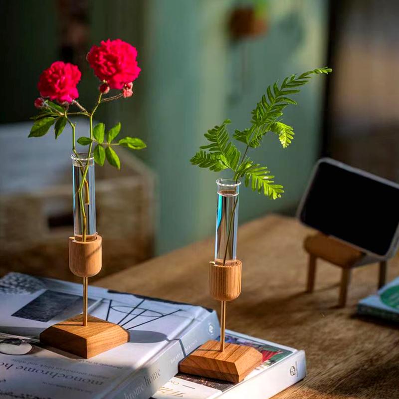 1Pc Flower Pot Durable Plant Transparent Wooden Stand Creative Vase Test Tube Hydroponic