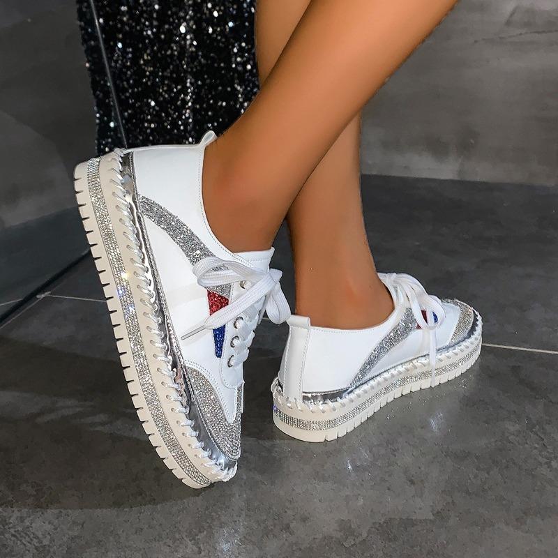 New lace-up flat-soled little white shoes women's spring and autumn rhinestone platform single shoes casual lazy muffin shoes