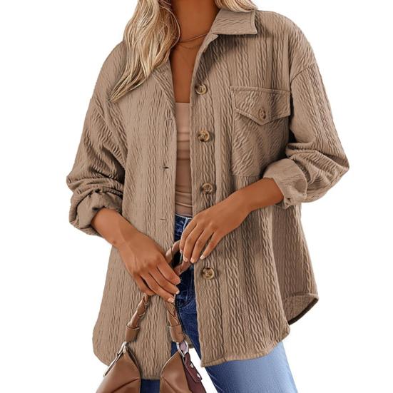 Camicia da donna con risvolto, manica lunga, tasca con patta, monopetto, tinta unita, trama intrecciata, vestibilità oversize, giacca