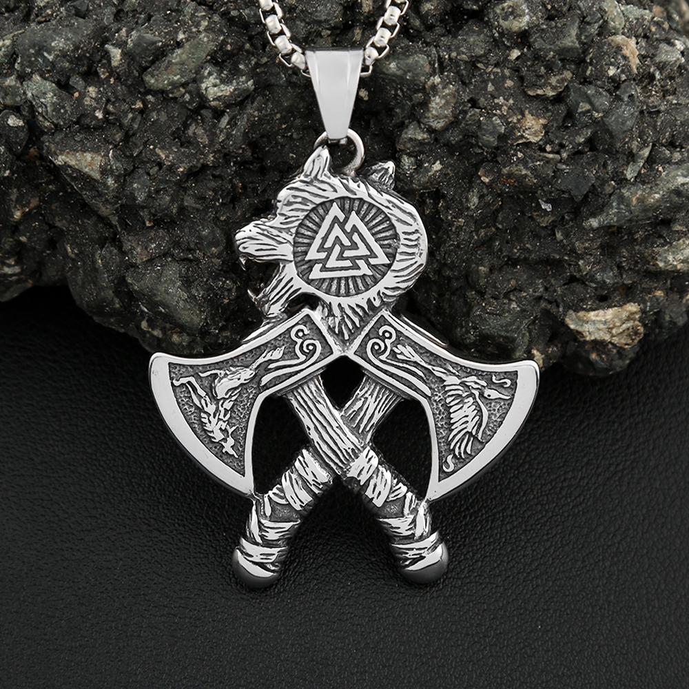 Vintage Vikings Double Axe Pendant Necklace For Men 316L Stainless Steel Classic Wolf Head Necklaces Nordic Jewelry