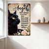 Vintage Black Cat Metal Sign with Yellow Eyes, 'Angel' Cursive Text, Butterflies, Rustic Whiskers Quote - Old Newspaper Backgrou