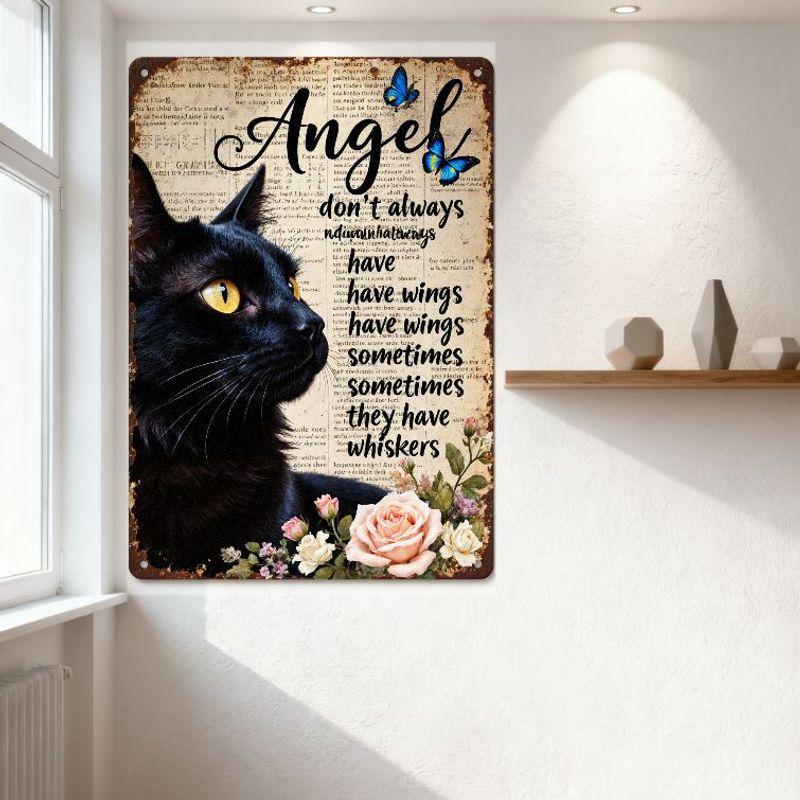Vintage Black Cat Metal Sign with Yellow Eyes, 'Angel' Cursive Text, Butterflies, Rustic Whiskers Quote - Old Newspaper Backgrou