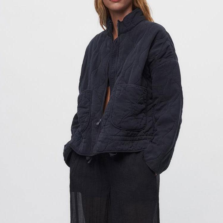 Zara Solid Color Pocket Zipper Long Sleeve Cotton Jacket Women Jackets Black 04088242800-33