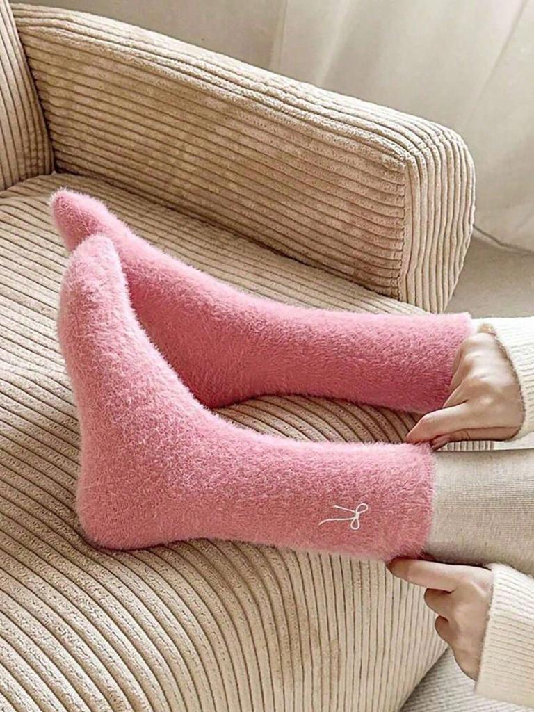 Autumn Winter Fleece Bow-Tie Plush Socks Woman Cute Sweet Mid-Calf Socks Thickened Warm Home Sleep Short Socks for Girls