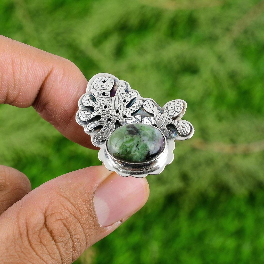 Wedding Gift For Her 925 Silver Natural Ruby Zoisite Statement Adjustable Ring