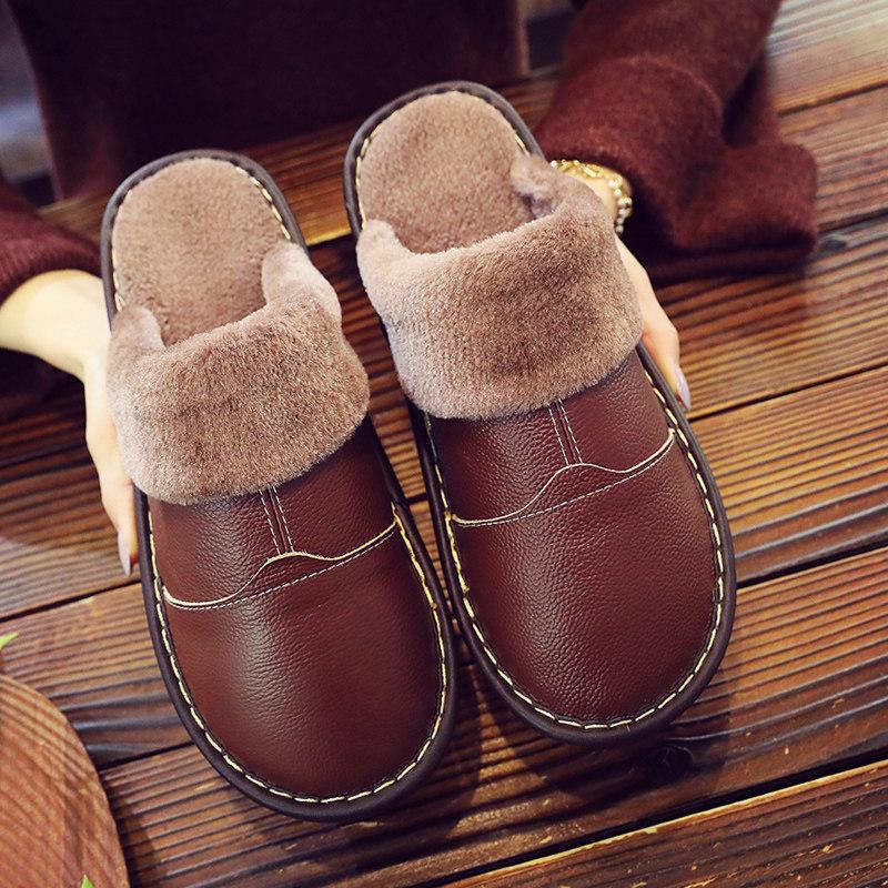 Winter Fleece Warm Puff Slippers Cow Split Leather Unisex Slippers Slip On Soft Bedroom Indoor Flats Men Women Padded Warm Slippers Shoes