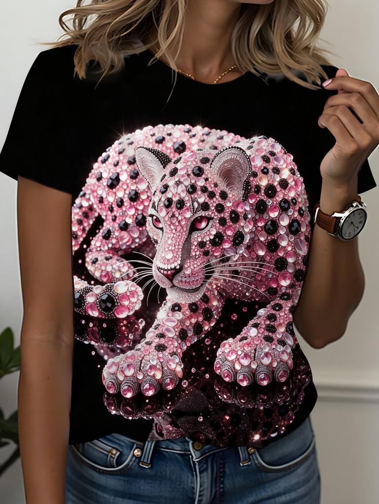 Women's Fashion Short Sleeve T-Shirts 3D Print Leopard Graphics Tees Breathable Women's Casual T-Shirts Summer Female Clothing