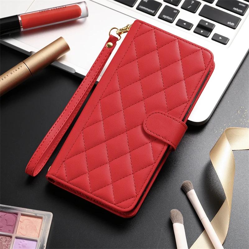 S23 S24 Ultra Checkered Leather Case For Samsung Galaxy S24 S23 S22 S21 S20 FE S10 Note 20 Ultra 10 Plus 9 8 Lanyard Flip Cover