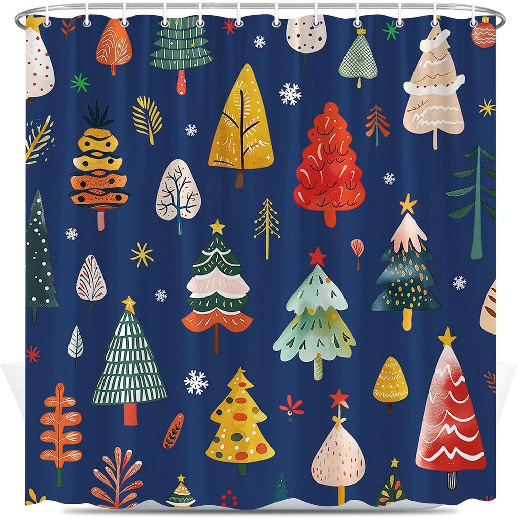 Christmas Tree Shower Curtain Cartoon Xmas Trees Winter Snowflake Cute Pine Fir Happy New Year Holiday Polyester Fabric Bathro
