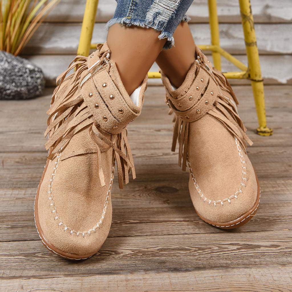 Fashion 2025 New Women Ankle Boots Rivet Comfortable Buckle Warm Shoes Casual Flat Women Shoes Retro Tassels Round Toe Short Boots Women