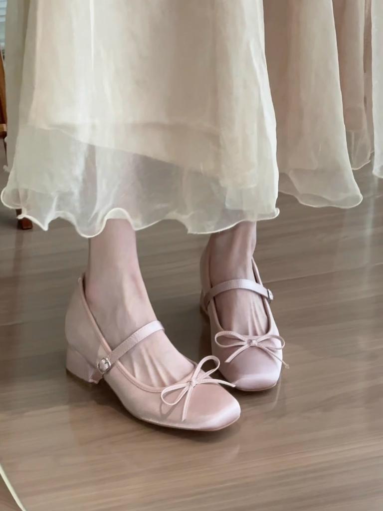 Inner Height Increase 7CM Pink Satin Bow High Heel Mary Jane Shoes Women's Thick Heel Soft Sole Versatile Ballet Single Shoes Women