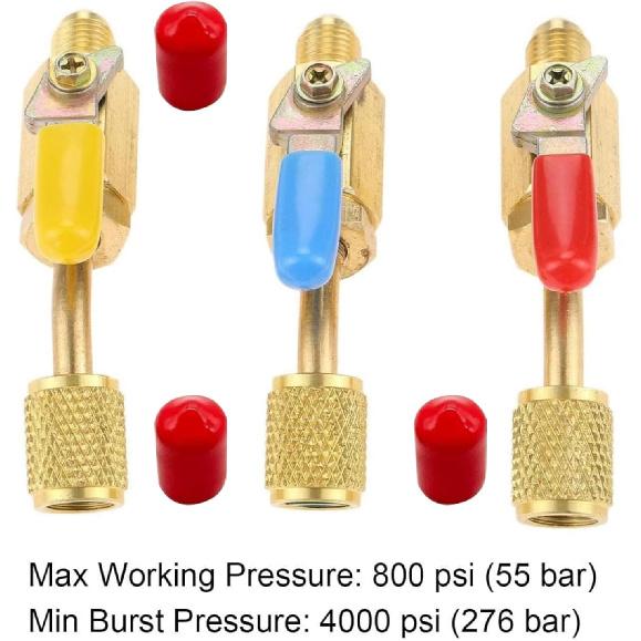 3PCS Air Conditioning Refrigerant Shut Valves 1/4" SAE Male to Female Fitting for R410A R134A R12 R22 R502 Charging Hose