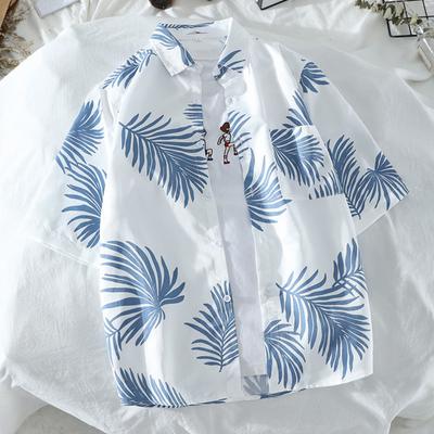 Herrenhemden im Hawaii-Resort-Stil mit Palmenblatt-Print, Umlegekragen, kurzärmelig