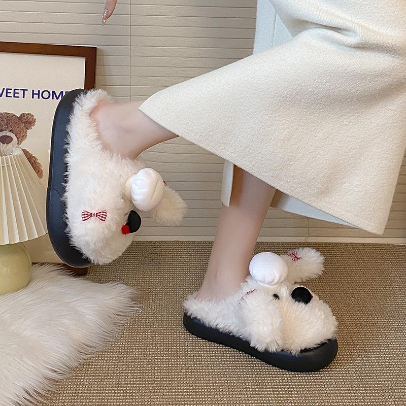 Cartoon cute ugly cute puppy fluffy shoes warm thick-soled non-slip bag head slippers 2025 winter new indoor comfort