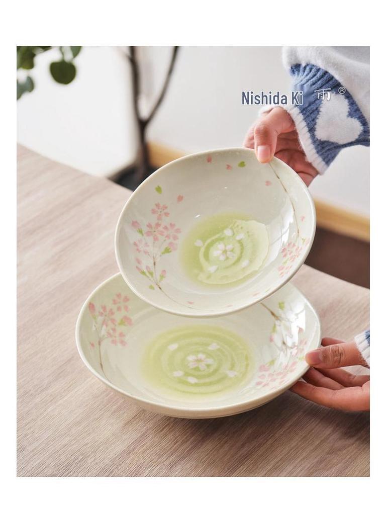 Cherry Blossom Ceramic Bowl & Plate Set: Includes Rice Bowl, Soup Bowl, Large Plate, Dish Plate, and Large Noodle Bowl - Japanese Imported.