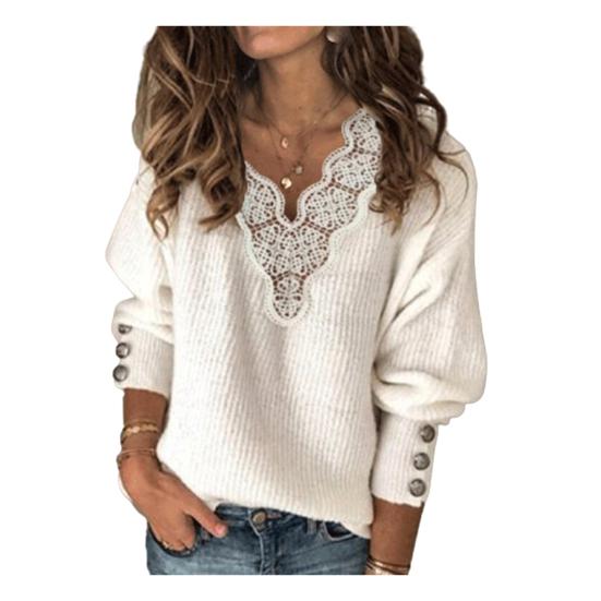 Maglione da Donna Autunno Inverno Manica Lunga Patchwork di Pizzo Scollo a V Bottoni
