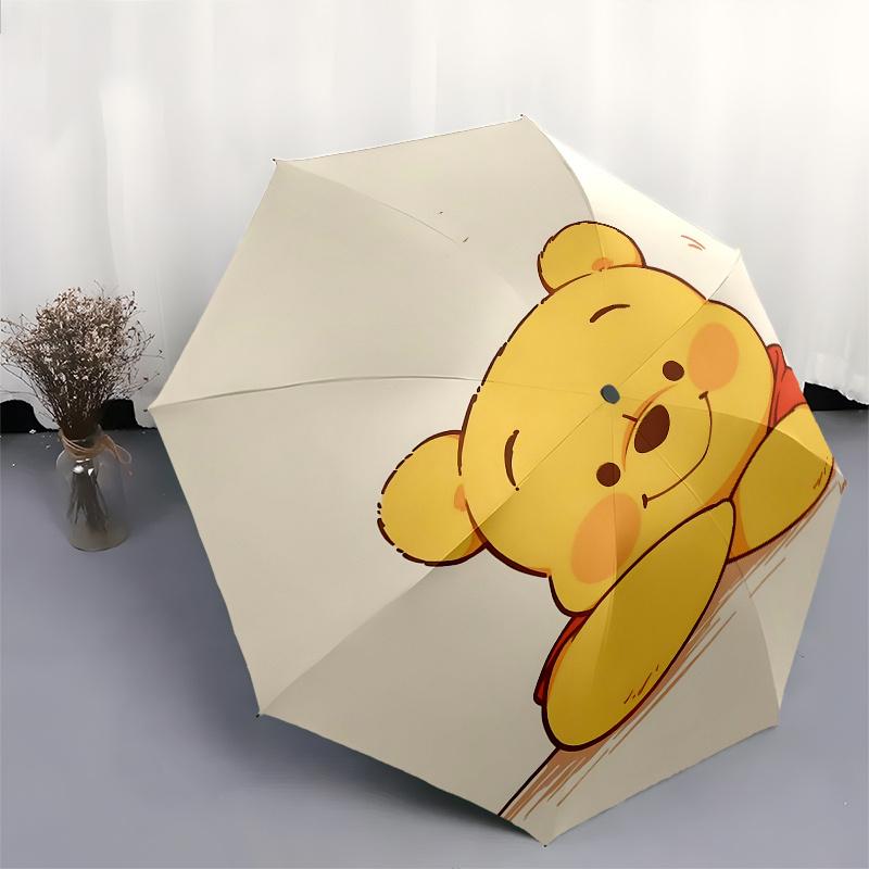 Winnie the Pooh, Cartoon Bear Automatic Opening and Closing Umbrella - 8 Ribs Portable Folding Umbrella with Plastic Handle, Suitable for Le