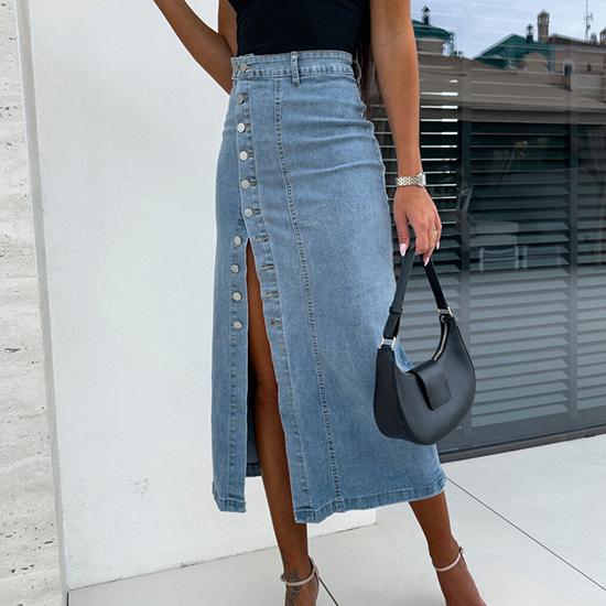 

Весенне-осенняя модная женская юбка на пуговицах с неровным подолом, джинсовая юбка с разрезом, облегающая бедра юбка с высокой талией S светло-синий
