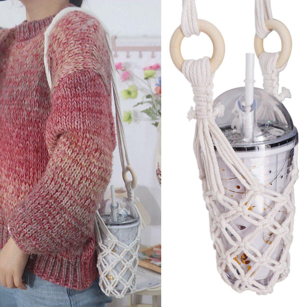 Bohemian Hanging Bottle Net Bag Hand-woven Hollow Out Knitting Water Bottle Holder Decorative Cotton Rope