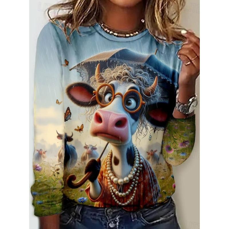 Modny T-shirt z zabawnym nadrukiem 3D z kotem, z okrągłym dekoltem i długim rękawem, odzież damska, ubrania codzienne, odzież damska Harajuku, pulower