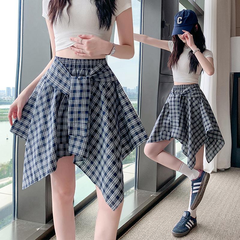 Blue Irregular Strap Skirt Women's Summer Design Sense Niche Plaid Skirt