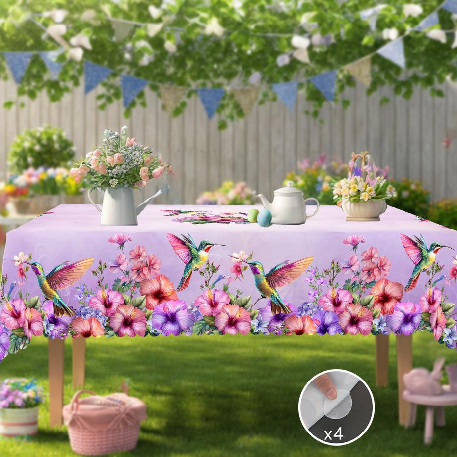 1 Stück Frühling Ostern Lila Blume und Vogel Druck Rechteckige Tischdecke, Kolibri, Blumenmuster Runde Tischdecke, Feiertagsparty Tischdecke,