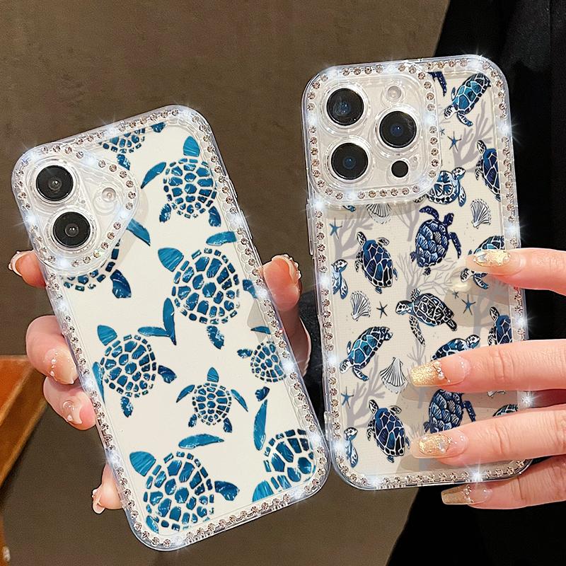 Diamond Frame Clear Phone Case For iPhone 16E 16 Pro Max 15 Pro 14 13 12 11 Whale Turtle Pattern Soft Silicone Shockproof Cover