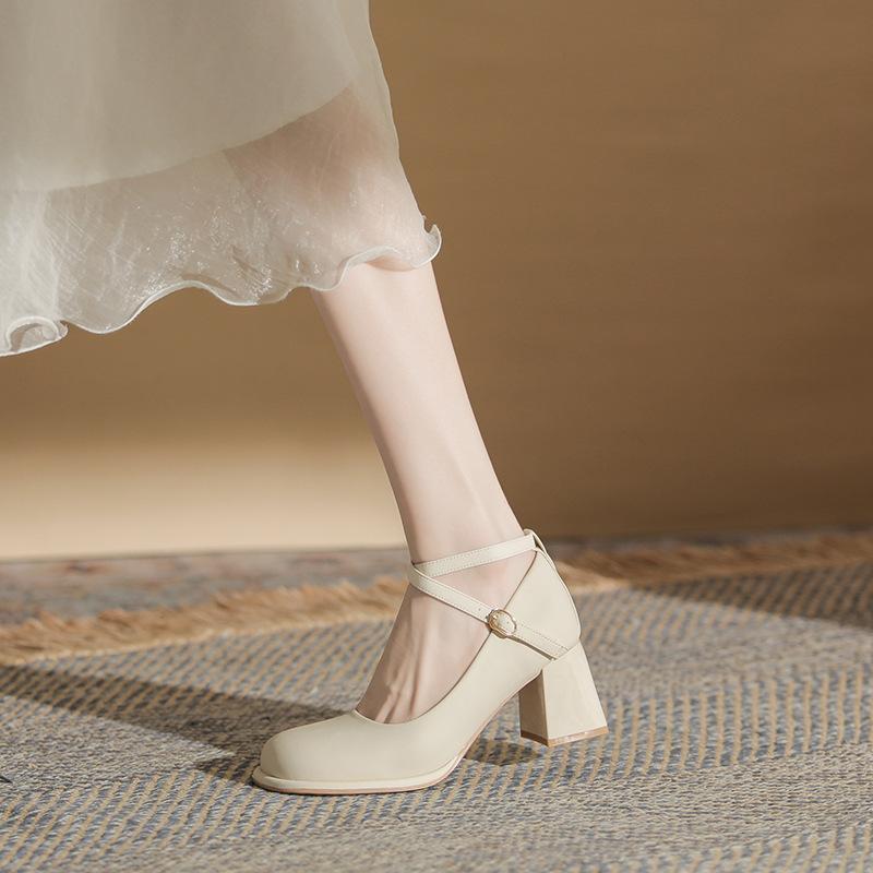 Baikadi Mary Jane Women's Shoes High Heels 2025 Summer New Cheongsam Cross Buckle Strap Thick Heel Single Shoes Women