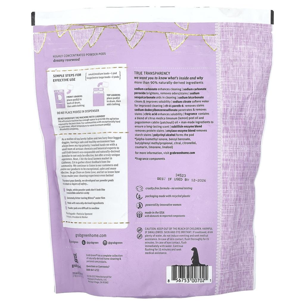 Grab Green Laundry Detergent Pods, Infants 5+ Months, Dreamy Rosewood and Essential Oils, 50 Servings, 1.76 Lbs (800 G)