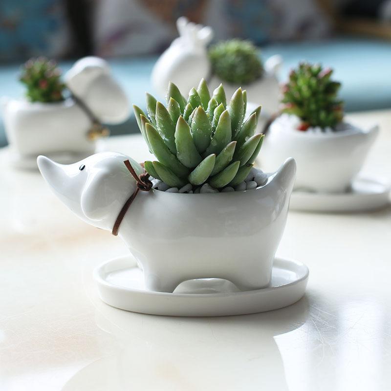 Creative Hand-Painted Succulent Ceramic Flower Pot Simple Modern Balcony Desktop Cartoon Puppy Flower Pot Flower Device
