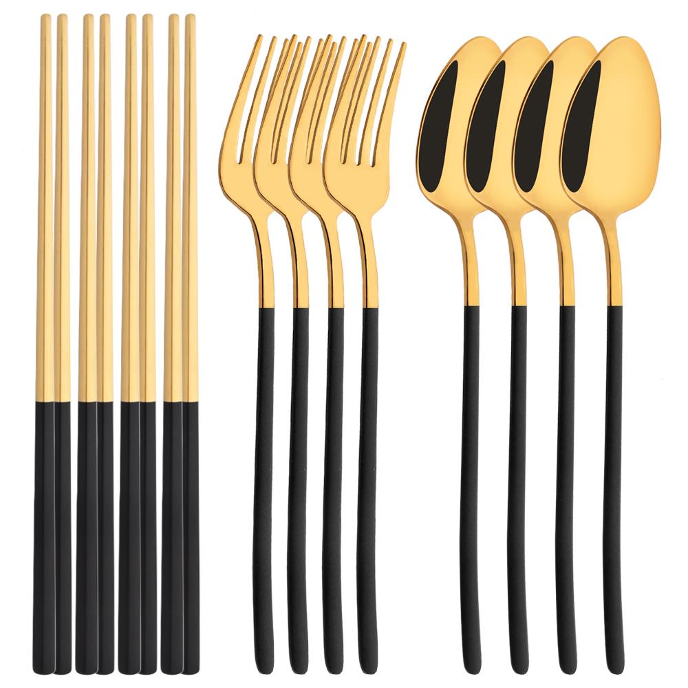 Weißgold Edelstahl Besteck Set Sushi Stäbchen Dinner Set 12-teilig Geschirr Koreanische Stäbchen Gabel Löffel Geschirr