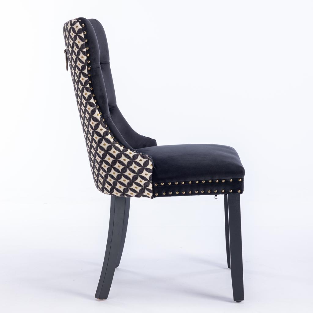 Dining Chairs Set of 2, Hand-Tufted Velvet, Back with Gold Thread Geometric Pattern, Nail Head Trim & Metal Pull Ring, Solid Wood Legs,DE2201BK