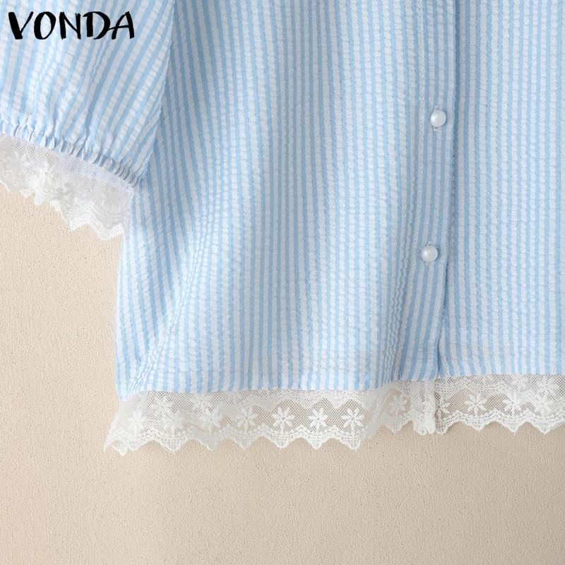 VONDA Two Picecs Dame Marineblå Krage Blondekant Stripete Tekstur T-skjorter og Shorts Sett