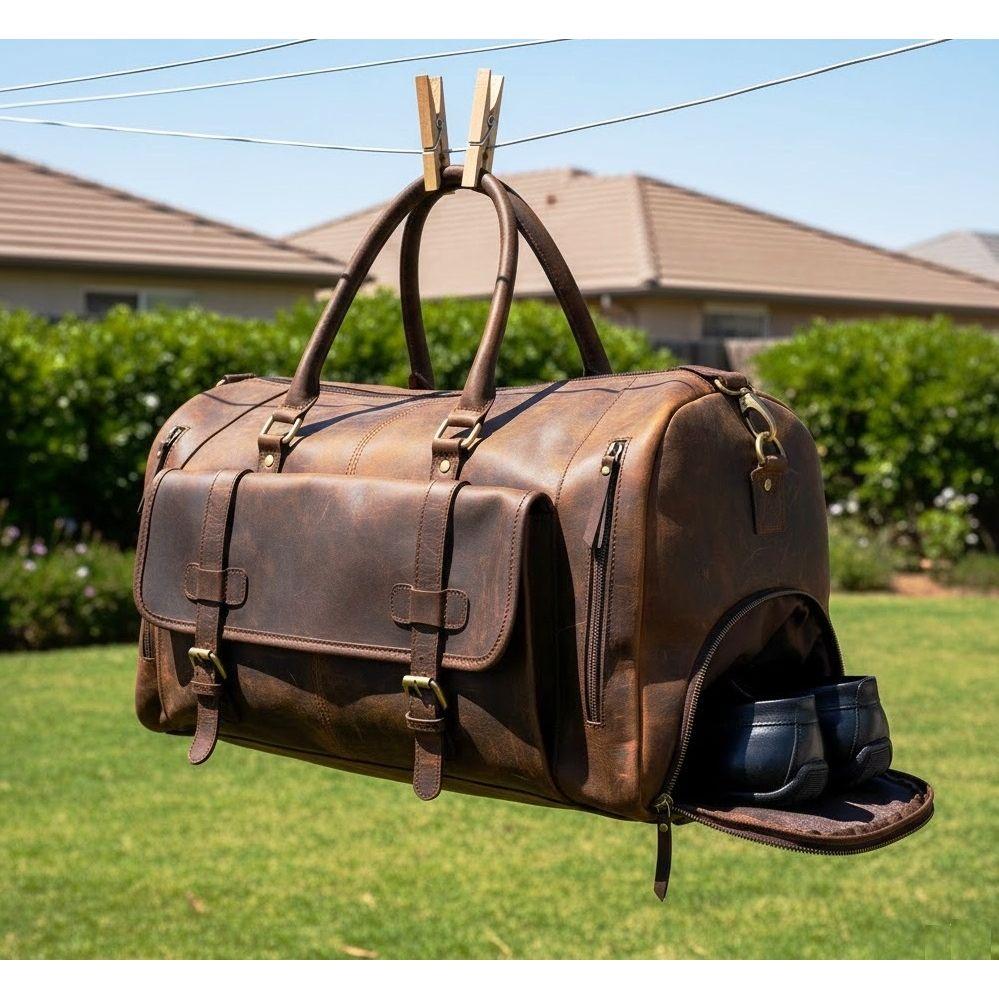24-Zoll-Reisetasche aus echtem Leder | Reise-Übernachtungs-Wochenend-Ledertasche | Sport-Gymnastiktasche für Herren mit Leder-Toilettenartikel-Kombination