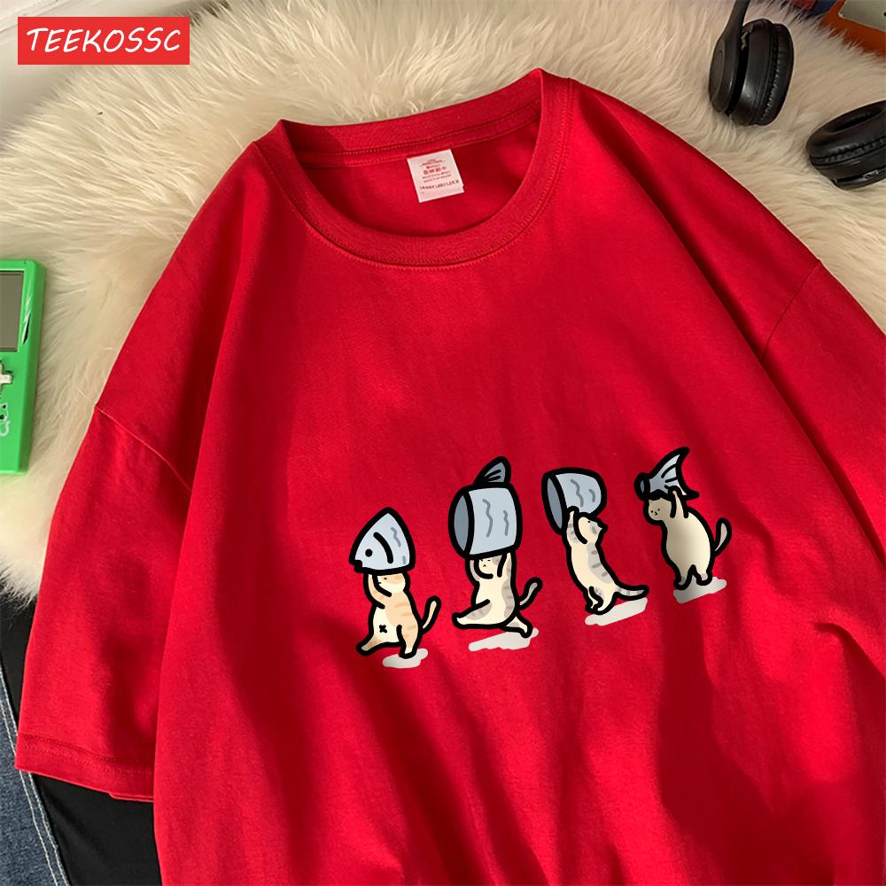 Quattro Gatti Piccoli Che Tengono Pescecotone Magliette da Donna Stampe Cartoni Animati T-Shirt Morbide Girocollo Larghi Manica Corta Top Vestiti Estivi