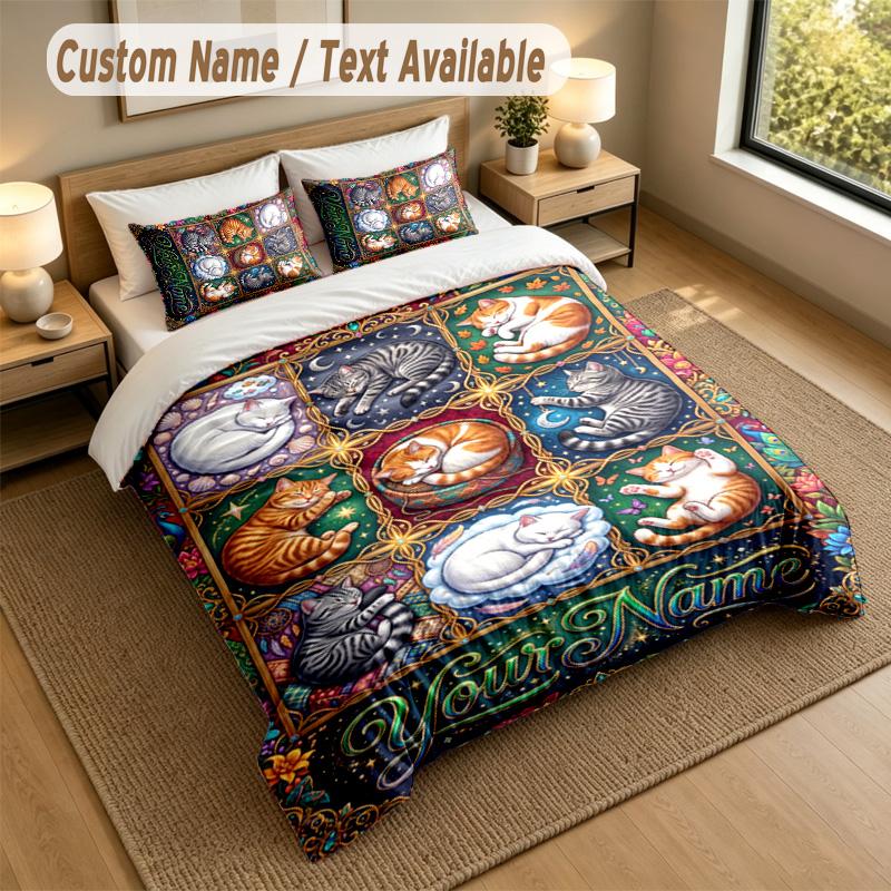 Cat Theme Personalized 3Pcs Bedding Set Custom Text & Name 1 Sheet 2 Pillowcases Household Bedding 1pc