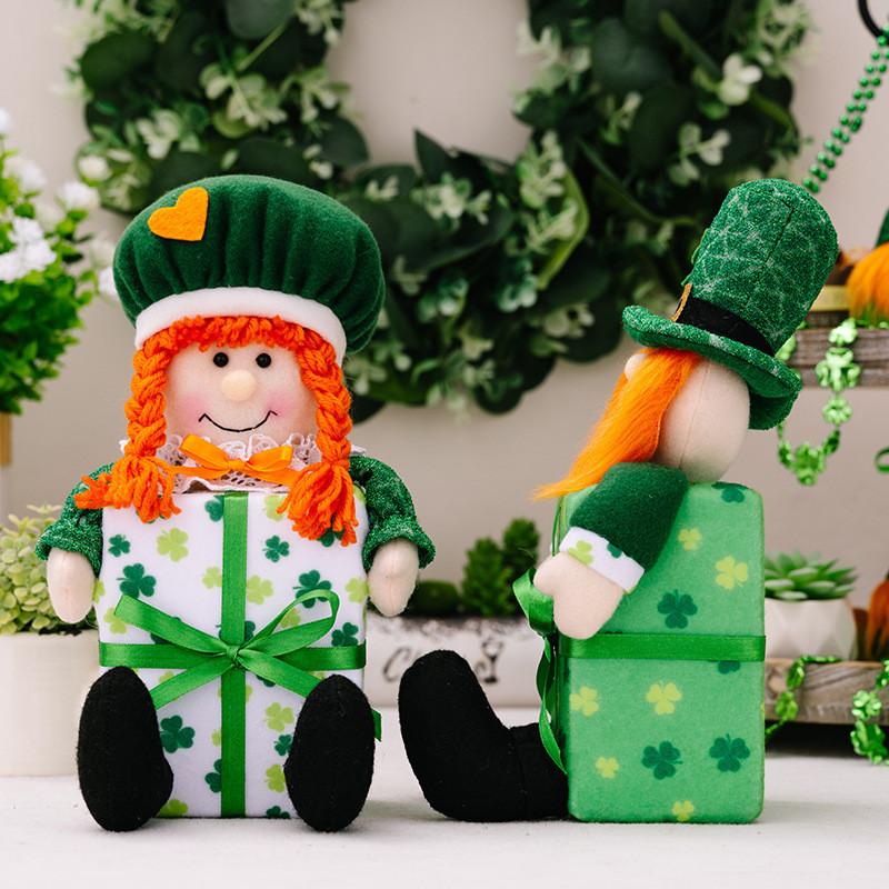 Adorable Irish Girl Doll With Green Leaf Gift Box For St Patrick's Day Decoration
