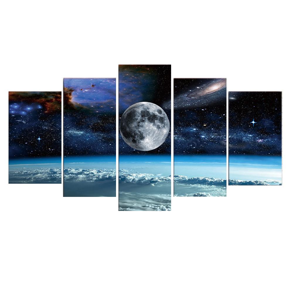 Wall Art Canvas Painting 5 Pieces Space Universe Moon Stars Painting Modular Framed Canvas Home Decor Poster For Living Room