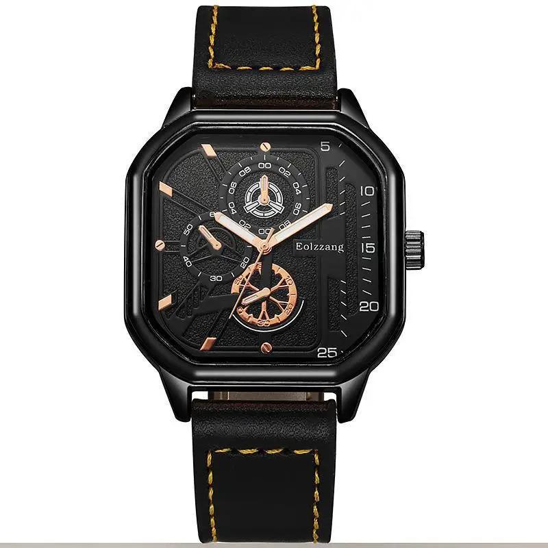 Men's Quartz Watches Alloy Dial Business Men Watch PU Leather Strap Square Sports Watch Cool Black Wristwatch for Man