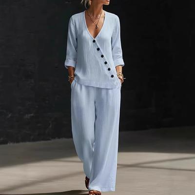 Ensemble Deux Pièces Chemisier à Col en V et Boutons avec Pantalon Large en Mélange Lin Tenue Décontractée d'Été