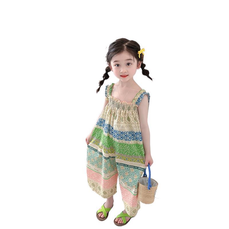 Girls Summer Sleeveless Floral Jumpsuit with Wide Legs Lightweight and Sweet