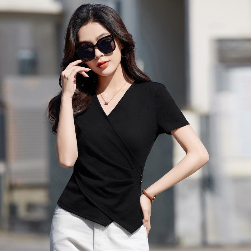 Summer Women's V-neck Slim Stretch Hundred Casual Irregular Hem Short Sleeve T-Shirt