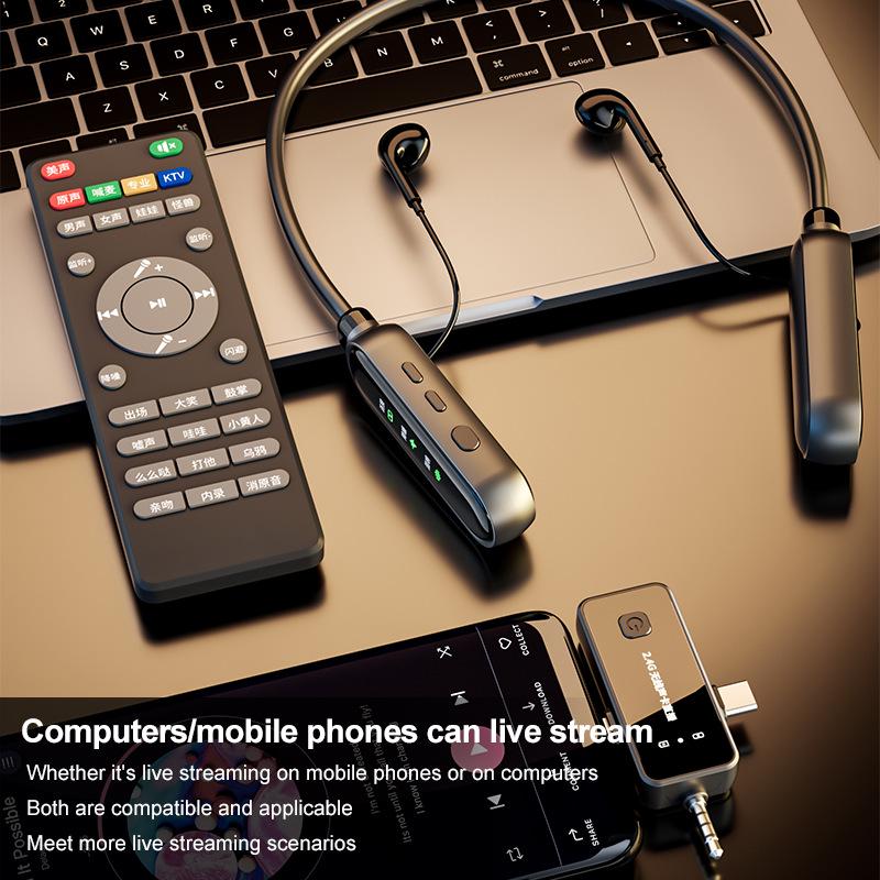 Private Mold Wireless Sound Card & Headset: English Version, All-in-One Microphone with Noise Reduction, Remote Control, and Monitoring Features.