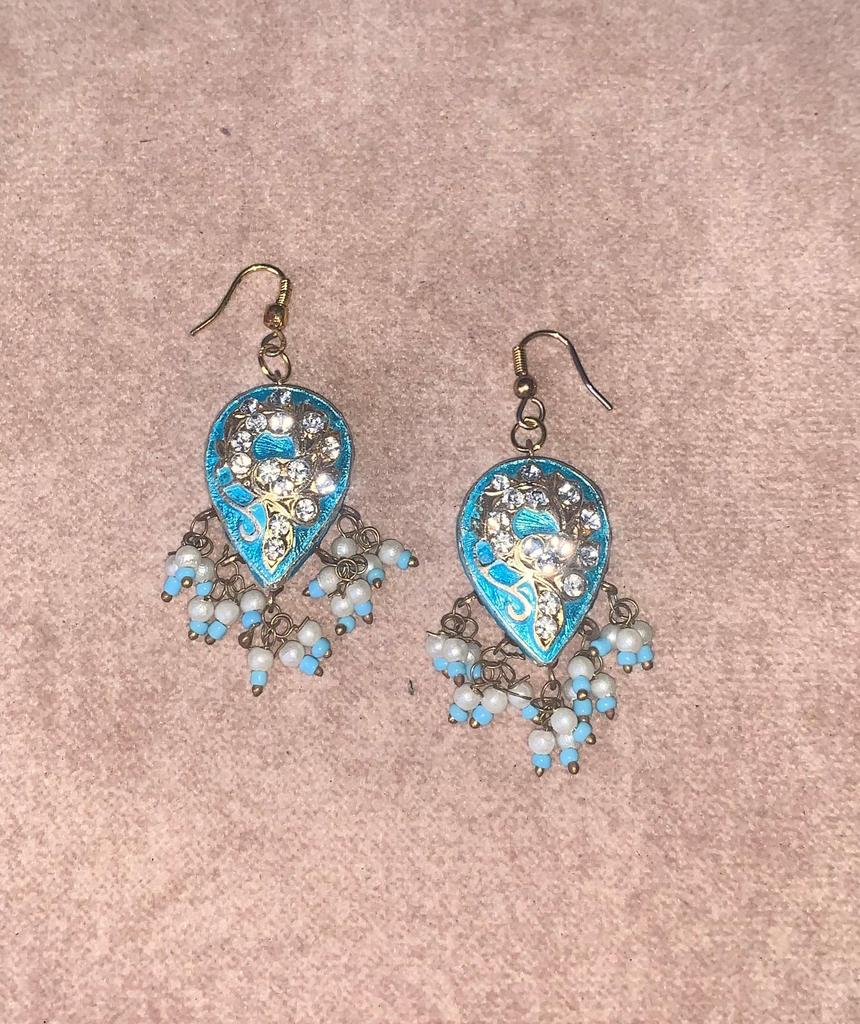 Blue Kundan Drop Earrings with White Beads | Traditional Indian Lacquer Jewelry