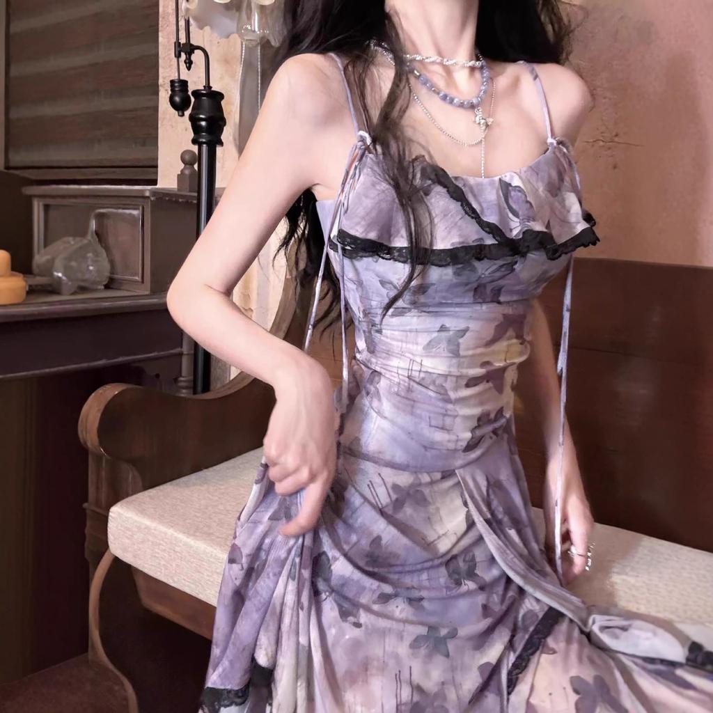 French Retro Butterfly Floral Suspender Fairy Dress Female Summer New Temperament Waist Thin Mesh Dress