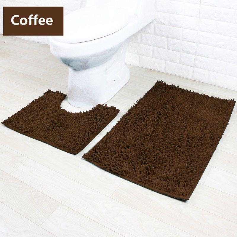 2 Piece Bath Mat Set Non Slip Toilet Pedestal Soft Foam Shaggy Rug Chenille