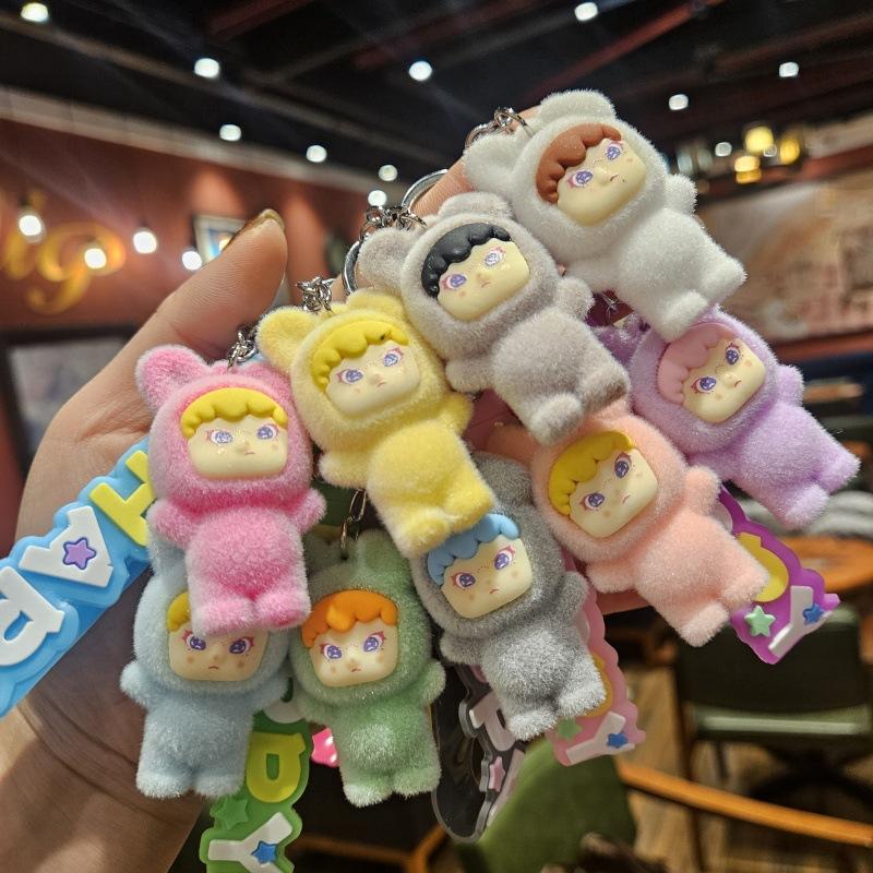 Creative Flocking Doll Keychain Student Bag Blind Box Cartoon Pendant Car Keychain Couple Bag Pendant
