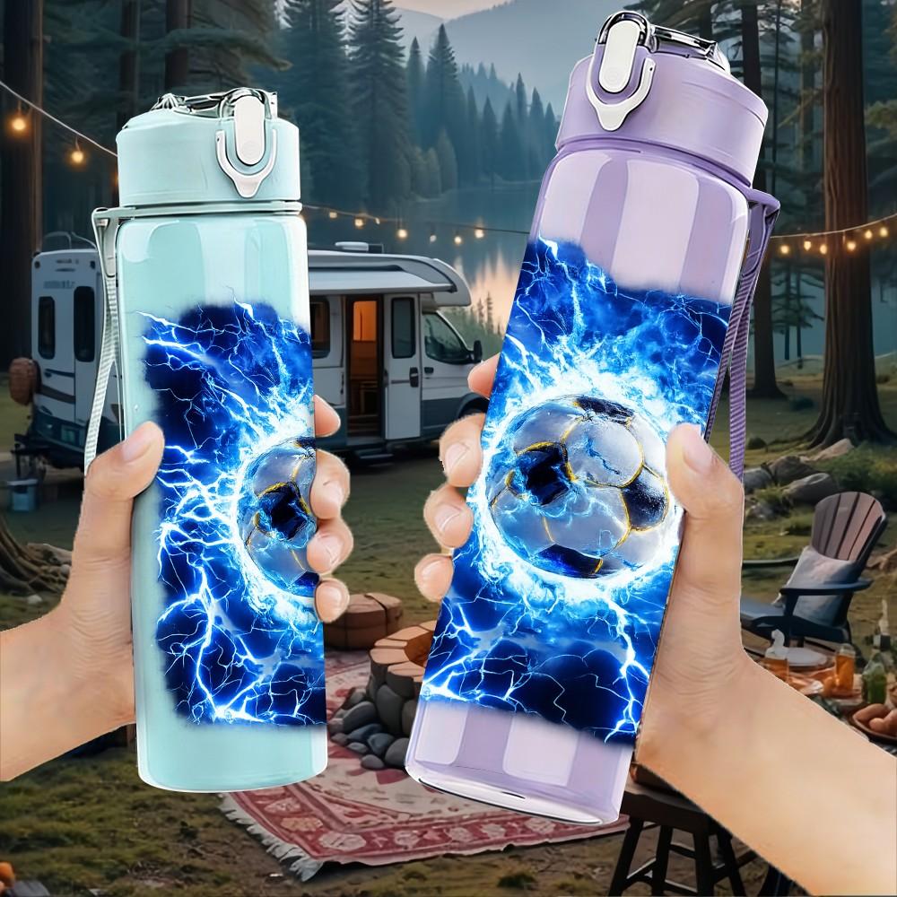 1PC Blue Lightning Soccer Ball Print 750ml Color Plastic Sports Water Bottle Leakproof Flip Straw Lid Suitable for Sports Office Home Use